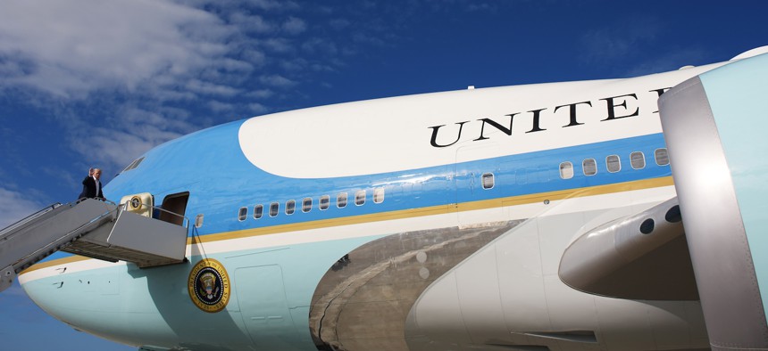 President Donald Trump boards the current Air Force One at RAF Lossiemouth, on July 29, 2025, in Scotland.