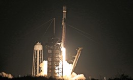 Intuitive Machines' Athena lander lifting off via a SpaceX Falcon 9 rocket from NASA's Kennedy Space Center in February.