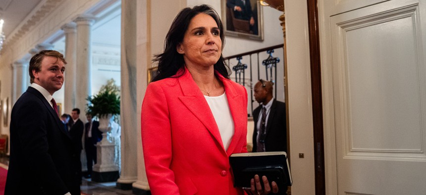 Director of National Intelligence Tulsi Gabbard during a Purple Heart event in the East Room of the White House on Thursday Aug. 7, 2025. Gabbard announced on Aug. 20 that her office would conduct a 40% reduction by the end of this fiscal year.