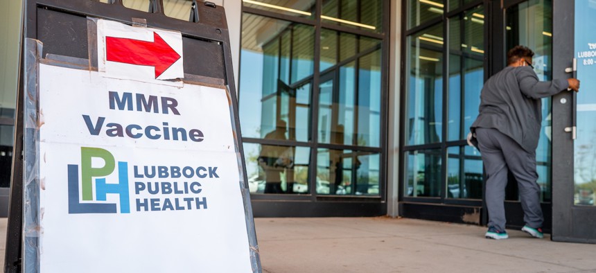 Instructions for a measles vaccination is seen outside of the Lubbock Public Health facility on April 9, 2025 in Texas.