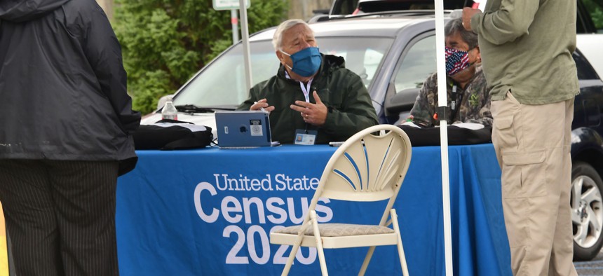 People working for the Census Bureau hold an event to get people to complete their 2020 census forms on Oct. 2, 2020, in Albany, N.Y. One expert said that there's been "radio silence" from the Trump administration about 2030 census preparations.