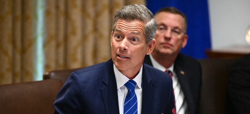 Transportation Secretary Sean Duffy speaks during a cabinet meeting in the White House on Aug. 26, 2025. Duffy said that Federal Aviation Administration headquarters being spread out "has made responsiveness, accountability and transparency a challenge.”