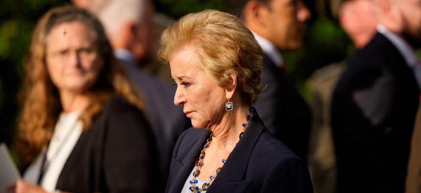 Education Secretary Linda McMahon arrives for a September 11th observance event in the courtyard of the Pentagon on Sept. 11, 2025.