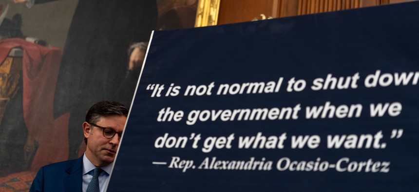 House Speaker Mike Johnson, R-La., at a news conference following a House GOP Conference meeting at the U.S. Capitol on Sept. 16, 2025 in Washington, D.C.