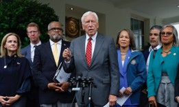 House Democrats' Regional Leadership Council Chair Steny Hoyer, D-Md. speaks to reporters following a meeting at the White House on Sept. 17, 2024. Hoyer is sponsoring legislation with Rep. Sarah Elfreth, D-Md., and Sen Angela Alsobrooks, D-Md., to provide unemployment benefits to excepted federal employees. 