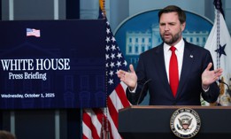 Vice President JD Vance speaks during the daily press briefing in the Brady Press Briefing Room at the White House on Oct. 1, 2025. Vance joined White House Press Secretary Karoline Leavitt to discuss the federal government shutdown.