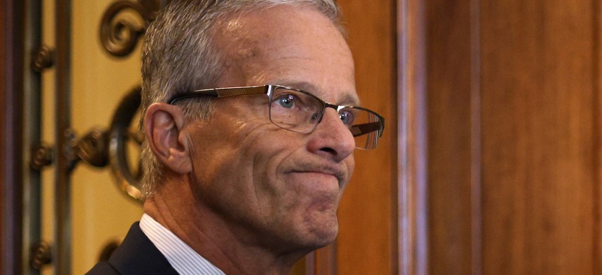 Senate Majority Leader Sen. John Thune, R-S.D., pauses as he speaks to members of the press outside the Senate chamber at the U.S. Capitol on Oct. 6, 2025 The federal government shut down last week after Congress and the White House failed to negotiate a deal on extending pandemic-era health care funding before the end of the fiscal year.