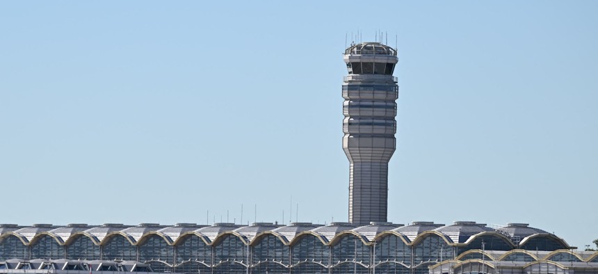 The control tower at Ronald Reagan Washington National Airport on Oct.9, 2025, in Arlington, Va.