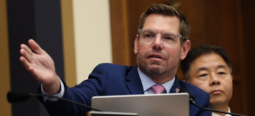 Rep. Eric Swalwell, D-Calif., speaks during a House Judiciary Committee hearing with Federal Bureau of Investigation Director Kash Patel in the Rayburn House Office Building on Sept. 17, 2025 in Washington, D.C.