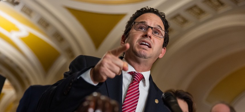 Sen. Brian Schatz, D-Hawaii, speaks at a press conference with other Senate Democrats following weekly policy luncheons at the U.S. Capitol on Sept. 30, 2025.