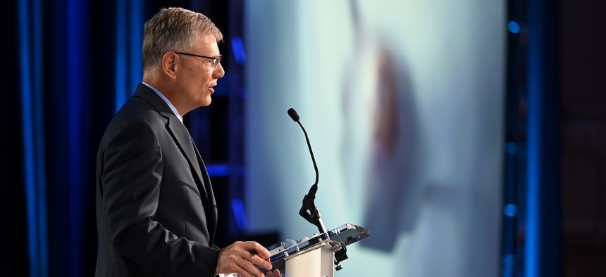 Air Force Secretary Troy Meink delivers a keynote address during the 2025 Air, Space and Cyber Conference at National Harbor, Md., Sept 22, 2025.