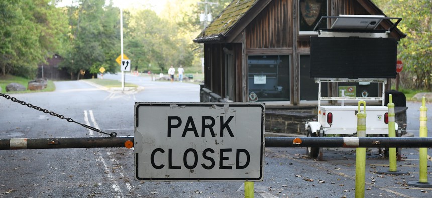 The road to the visitor center of Great Falls Park in Fairfax County, Va., is closed on Oct. 3, 2025.
