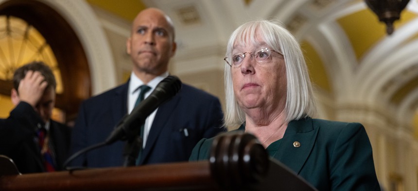 Sen. Patty Murray, D-Wash., speaks at a press conference with other members of Senate Democratic leadership following a policy luncheon at the U.S. Capitol on Oct. 15, 2025. Murray demanded this week that agencies abandon layoff plans tied to the shutdown.