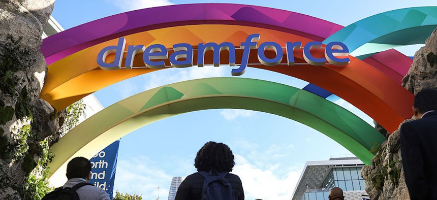 Crowds enter the Dreamforce conference at the Moscone Center on Howard Street in San Francisco, California on Oct. 14, 2025.