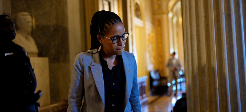 Sen. Angela Alsobrooks, D-Md., in the Capitol Building on Oct. 1. Alsobrooks argued on Wednesday that repurposing the Reagan Building to house the FBI "would not be an example of good asset management."