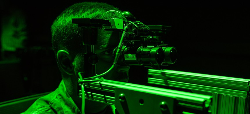 Second Lt. Jonathan LeGault completes a visual search experiment at the NVG Lab of the Air Force Research Laboratory’s 711th Human Performance Wing at Wright-Patterson Air Force Base, Ohio, Sept. 9, 2025. 