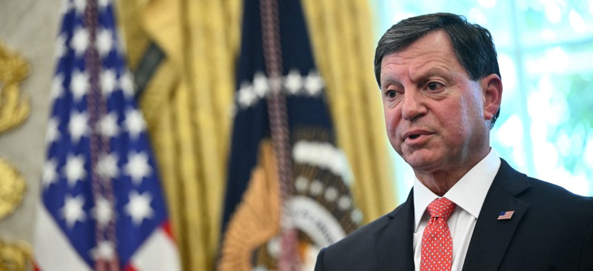 Social Security Commissioner Frank Bisignano speaks before President Donald Trump signs a presidential proclamation honoring the 90th anniversary of the Social Security Act in the Oval Office of the White House on Aug.14, 2025.