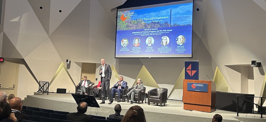 Former Treasury official David Lebryk speaks at a National Academy of Public Administration panel on Tuesday.