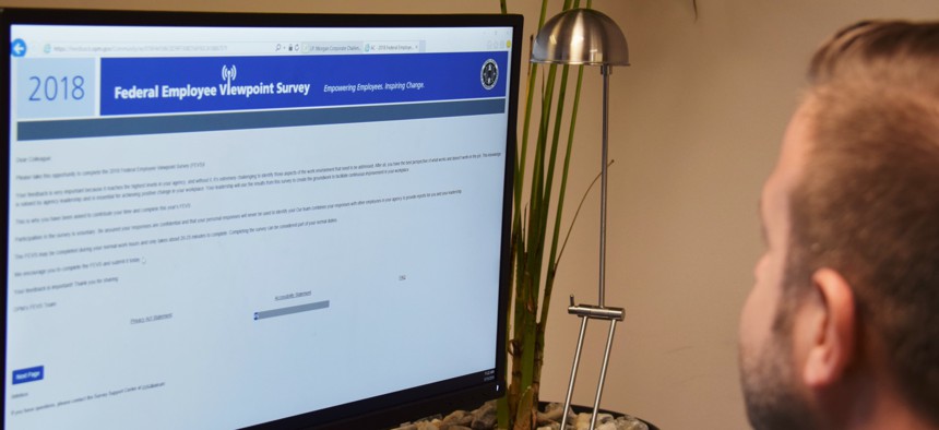 A federal employee viewing the Federal Employee Viewpoint Survey on a computer on May 15, 2018. In the absence of this year's FEVS, the Partnership for Public Service has created its own version of the survey.