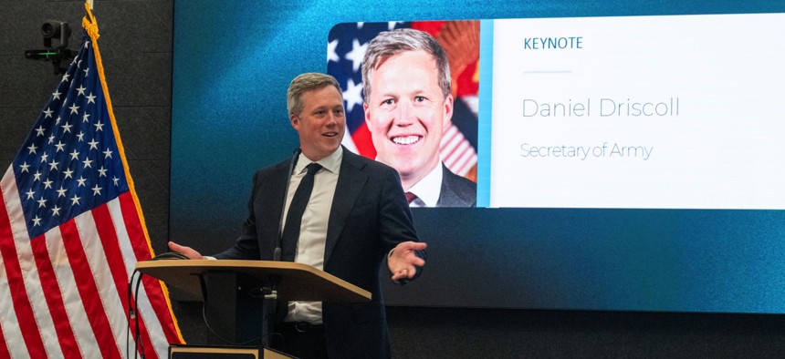 Army Secretary Dan Driscoll speaks at the Army Demand Signal Forum at the George Mason University Arlington Annex, Sept. 15, 2025.