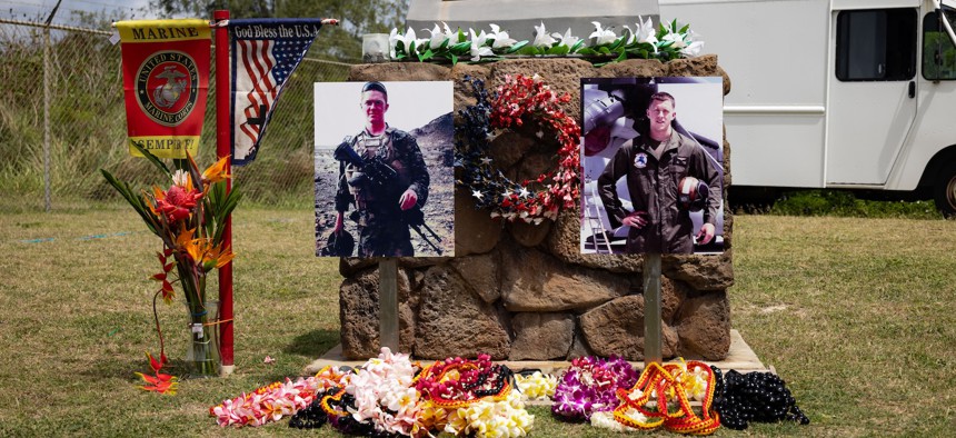 Leis at a memorial site during the commemoration ceremony for the 2015 fatal training accident at Marine Corps Training Area Bellows, Hawaii, May 17, 2025.