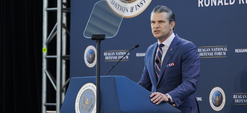 Defense Secretary Pete Hegseth speaks at the Reagan National Defense Forum on Dec. 6, 2025, at the Ronald Reagan Presidential Library in Simi Valley, California.