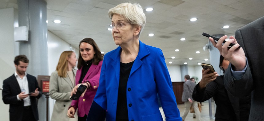 Sen. Elizabeth Warren, D-Mass., leaves in between Senate votes at the U.S. Capitol on Nov. 10, 2025.