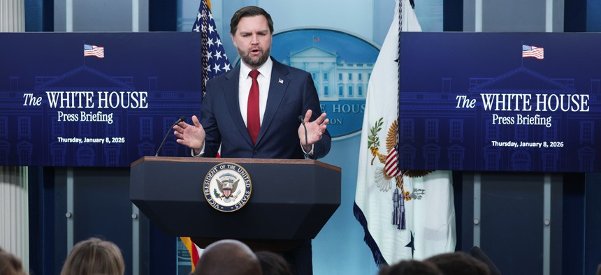 Vice President JD Vance speaks during a White House news briefing on Jan. 8, 2026. Vance joined White House Press Secretary Karoline Leavitt to address several topics including the welfare fraud scandal in Minnesota and yesterday's fatal shooting of a woman by an ICE agent during a confrontation in Minneapolis.