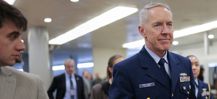 Kevin Lunday walks through the U.S. Capitol on Dec. 11, 2025. He was recently confirmed as the new Coast Guard commandant. 