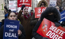 On Feb. 19, 2025, protesters rally in New York City against the firings of thousands of federal workers by the Department of Government Efficiency. Since the departure of Elon Musk, DOGE's significant has decreased. 