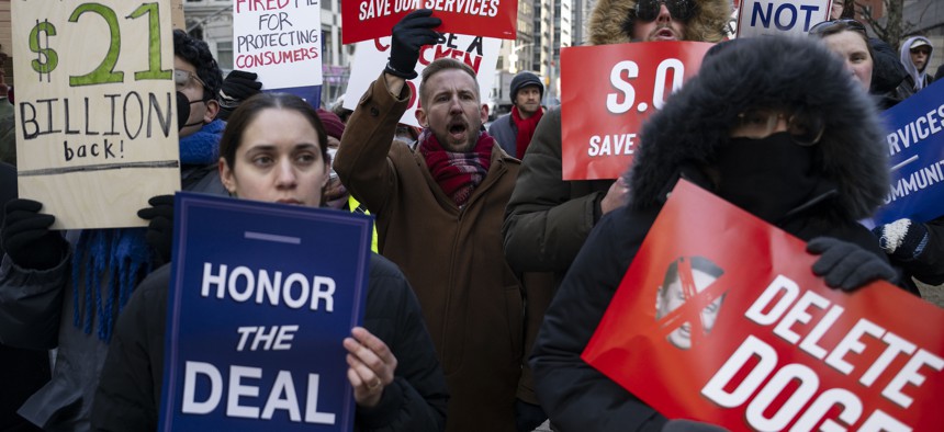 On Feb. 19, 2025, protesters rally in New York City against the firings of thousands of federal workers by the Department of Government Efficiency. Since the departure of Elon Musk, DOGE's significant has decreased. 