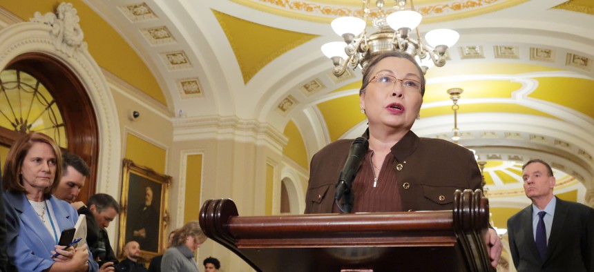 Sen. Tammy Duckworth, D-Ill., speaks during a news conference at the Capitol Building on Jan. 6, 2026. She recently introduced a bill regarding inspectors general. 