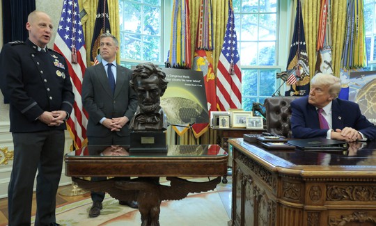Gen. Michael Guetlein, speaks alongside Rep. Jim Banks, R-Ind., and President Donald Trump at the White House, May 20, 2025 