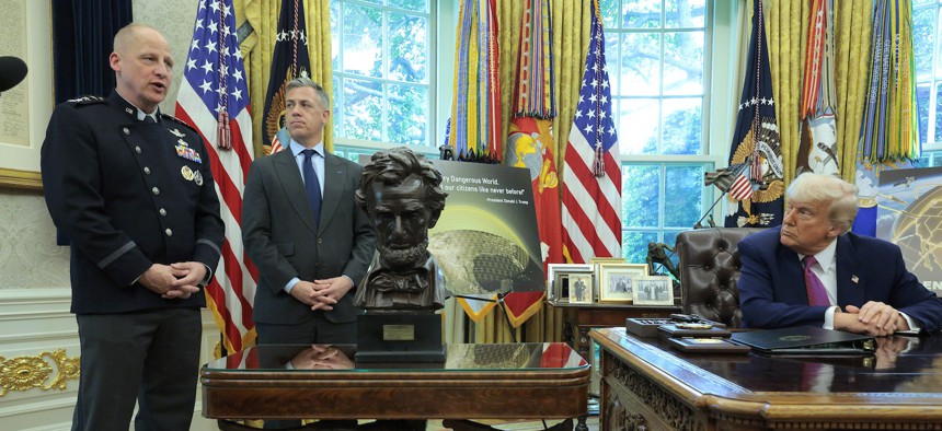 Gen. Michael Guetlein, speaks alongside Rep. Jim Banks, R-Ind., and President Donald Trump at the White House, May 20, 2025 
