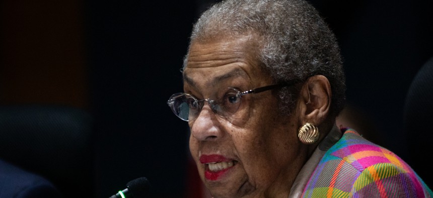 Del. Eleanor Holmes Norton, D-D.C., questions witnesses inside the Wilbur J. Cohen Federal Building in Washington, D.C., on April 8, 2025 during a subcommittee field hearing. Norton has represented D.C. in Congress since 1991. 