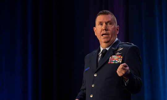 Maj. Gen. Shawn N. Bratton gives remarks in Colorado Springs, Colorado, April 19, 2023.