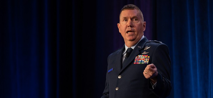 Maj. Gen. Shawn N. Bratton gives remarks in Colorado Springs, Colorado, April 19, 2023.