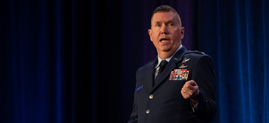 Maj. Gen. Shawn N. Bratton gives remarks in Colorado Springs, Colorado, April 19, 2023.