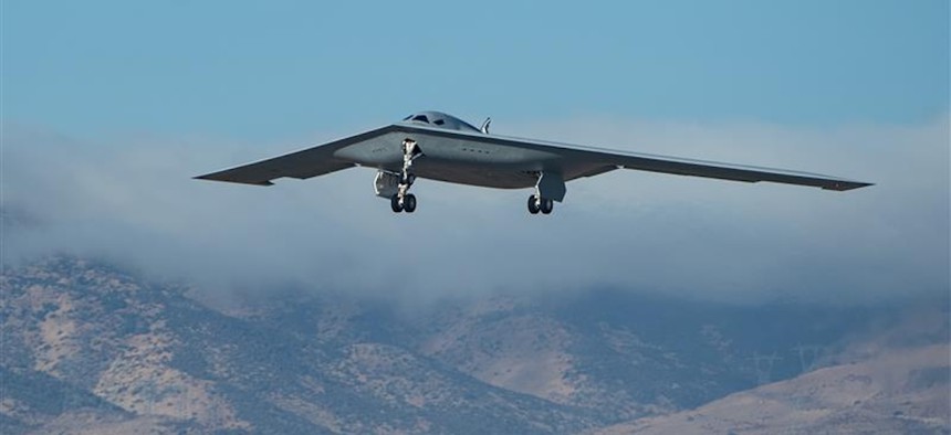 A B-21 Raider joins flight testing at Edwards Air Force Base, Calif., Sept. 11, 2025.
