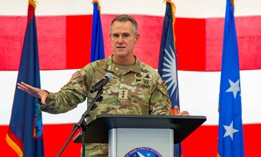 .S. Army Lt. Gen. Joshua M. Rudd, deputy commander of U.S. Indo-Pacific Command, speaks during a change of command ceremony at Marine Corps Base Camp Blaz Fitness Center, May 15, 2025. 
