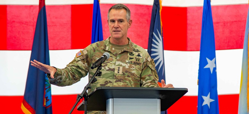 .S. Army Lt. Gen. Joshua M. Rudd, deputy commander of U.S. Indo-Pacific Command, speaks during a change of command ceremony at Marine Corps Base Camp Blaz Fitness Center, May 15, 2025. 