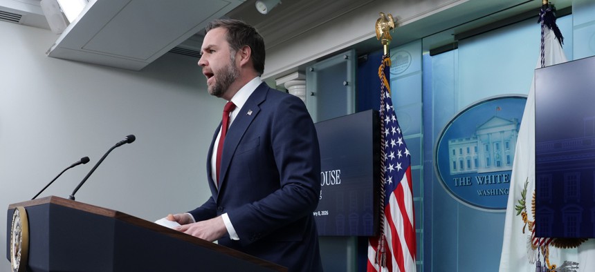 Vice President JD Vance speaks during a news briefing in the James S. Brady Press Briefing Room of the White House on Jan. 8, 2026, to address several topics including the welfare fraud scandal in Minnesota.