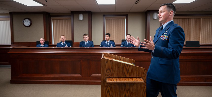 A judge advocate speaks to a judge July 3, 2025, at Malmstrom Air Force Base, Mont. 