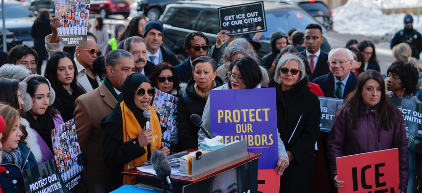 Rep. Ilhan Omar, D-Minn., speaks alongside the Congressional Hispanic Caucus during a rally outside of the ICE Headquarters on Feb. 3, 2026 in Washington, D.C.