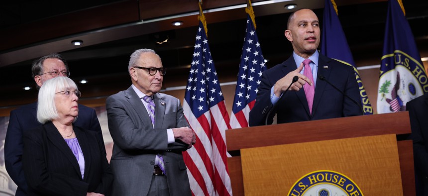House Minority Leader Hakeem Jeffries, D-N.Y., right, joined by Senate Minority Leader Chuck Schumer, D-N.Y., Sen. Patty Murray, D-Wash., and Sen. Gary Peters, D-Mich., speaks a press conference on Department of Homeland Security funding at the U.S. Capitol on Feb. 4, 2026.