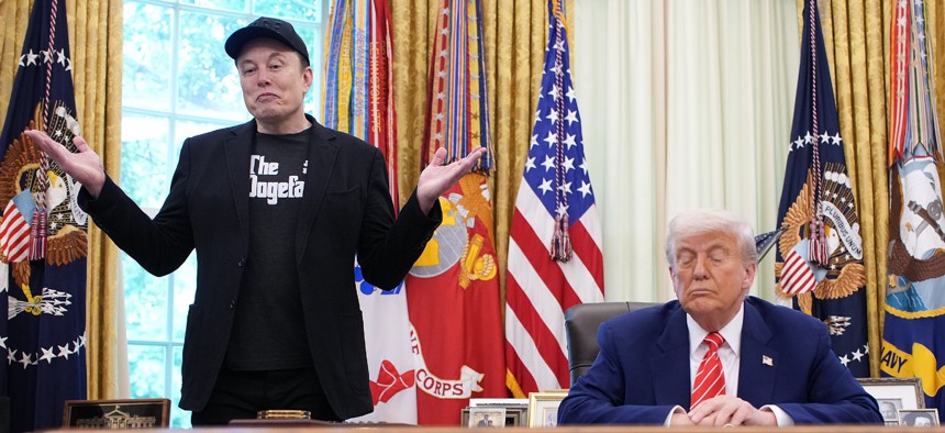 Elon Musk speaks alongside President Donald Trump to reporters in the Oval Office of the White House on May 30, 2025. The Trump administration and Musk's DOGE reduced the federal civilian workforce by 9% in 2025, according to OPM.