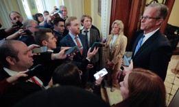 Senate Majority Leader John Thune, R-S.D., talks with reporters as he walks from his office to the Senate Chamber at the U.S. Capitol on Feb. 9, 2026. Congress is facing a Friday deadline to fund the Homeland Security Department, while language preventing reductions in force is also set to expire.