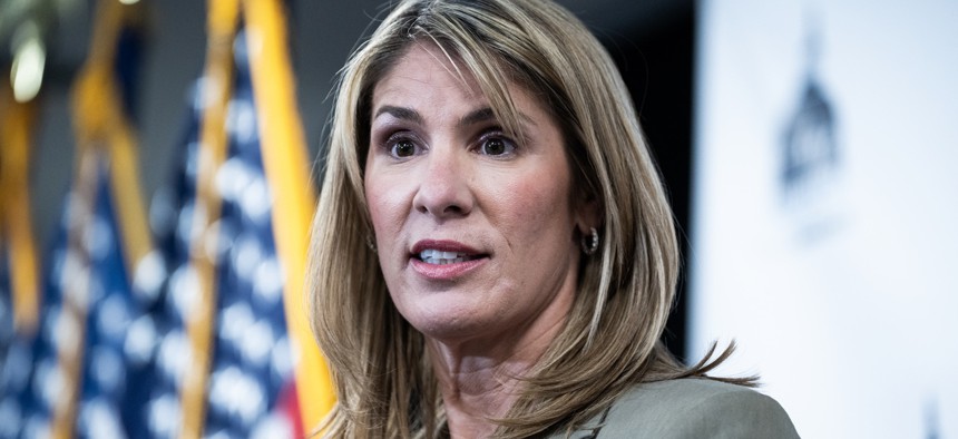 Rep. Lori Trahan, D-Mass., conducts a news conference on March 12, 2025.