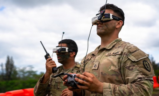 Soldiers assigned to the 25th Infantry Division operate a First-Person View drone during an exercise at Schofield Barracks, Hawaii, Jan. 29, 2026. 