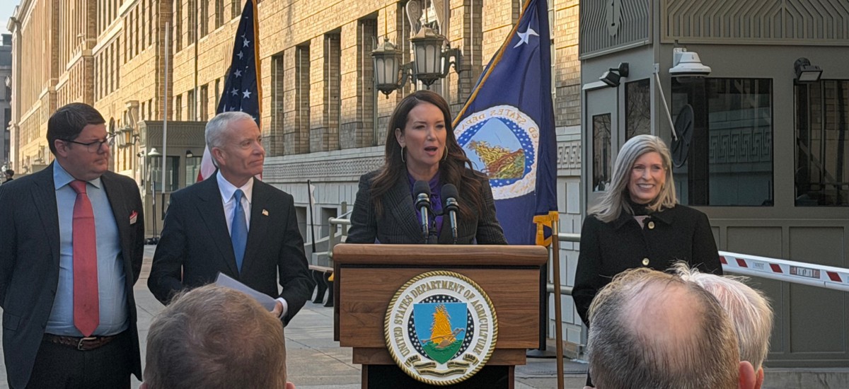 USDA Secretary Brooke Rollins speaks to reporters Wednesday, detailing the planned sale of the agency's South headquarters building alongside, from left, USDA Deputy Secretary Stephen Vaden, GSA Administrator Ed Forst and Sen. Joni Ernst, R-Iowa.